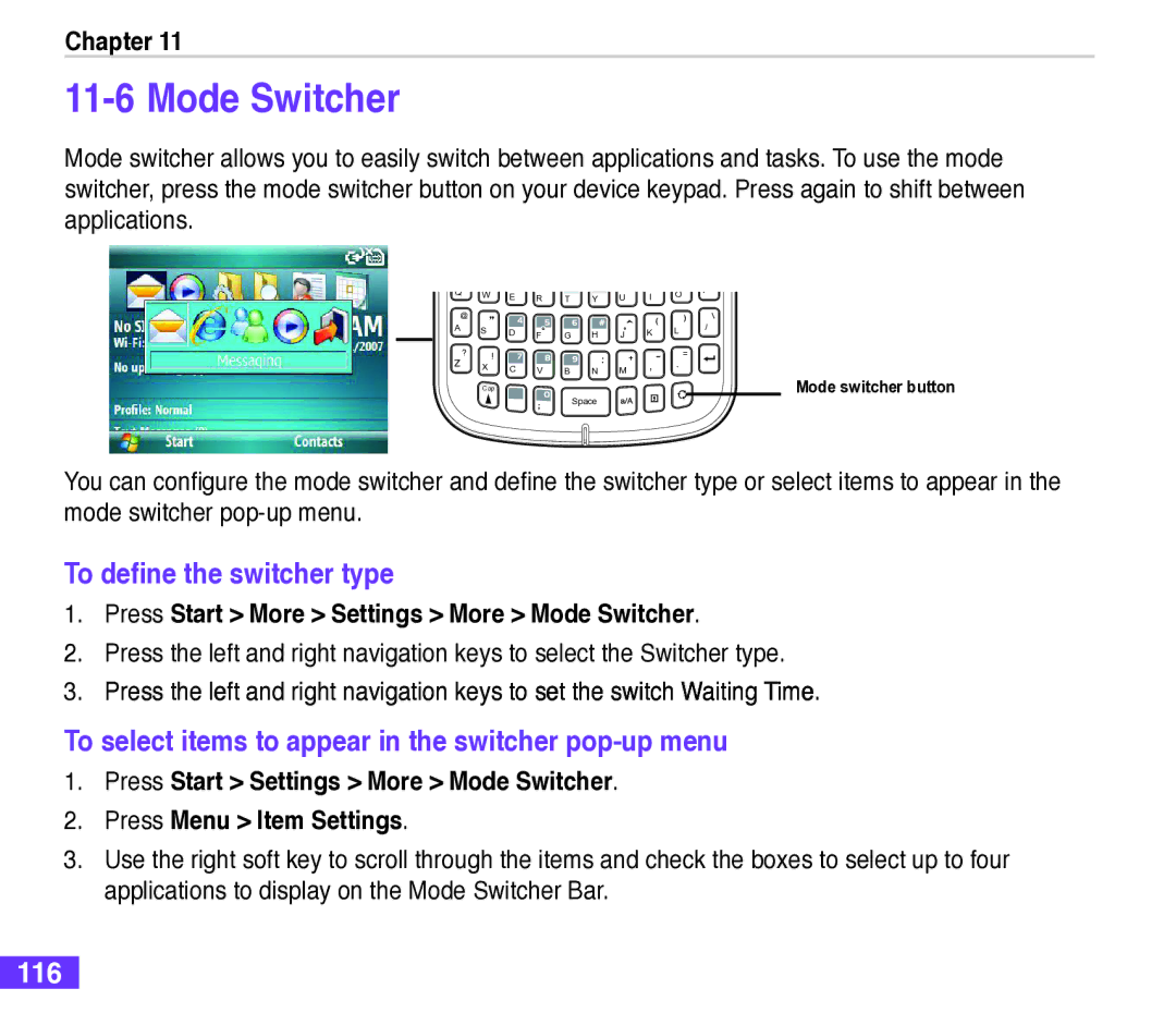 Asus M530w Mode Switcher, To define the switcher type, To select items to appear in the switcher pop-up menu, 116 