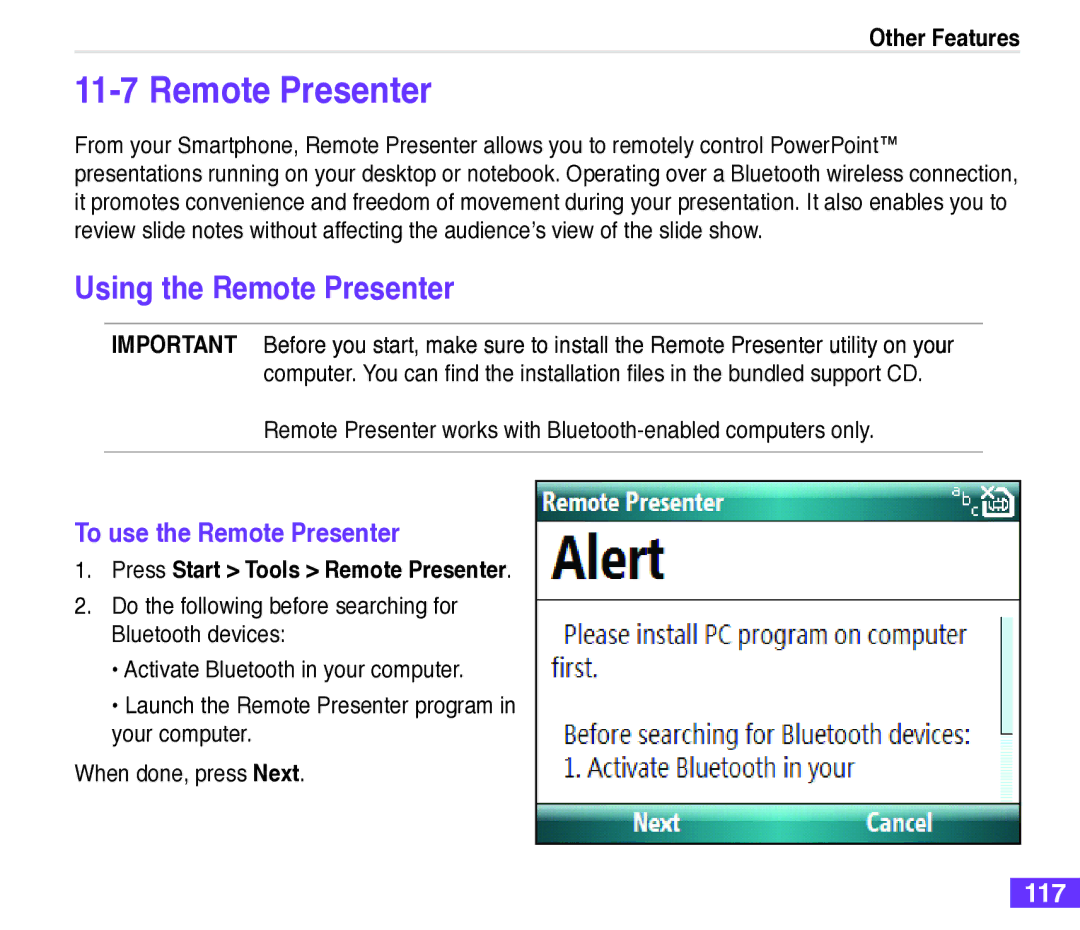 Asus M530w user manual Using the Remote Presenter, To use the Remote Presenter, 117, Press Start Tools Remote Presenter 