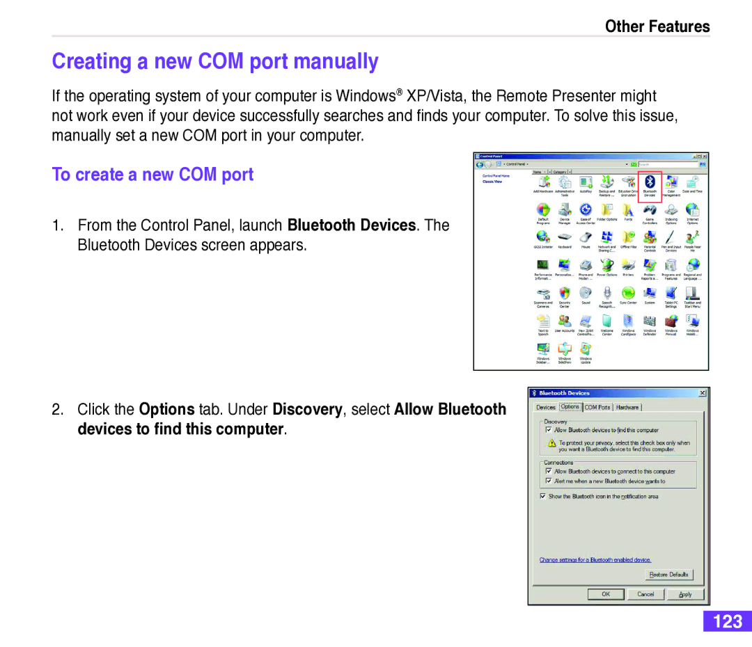 Asus M530w user manual Creating a new COM port manually, To create a new COM port, 123 