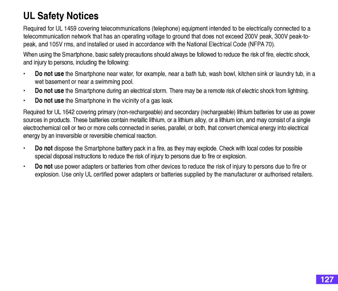 Asus M530w user manual 127, Do not use the Smartphone in the vicinity of a gas leak 