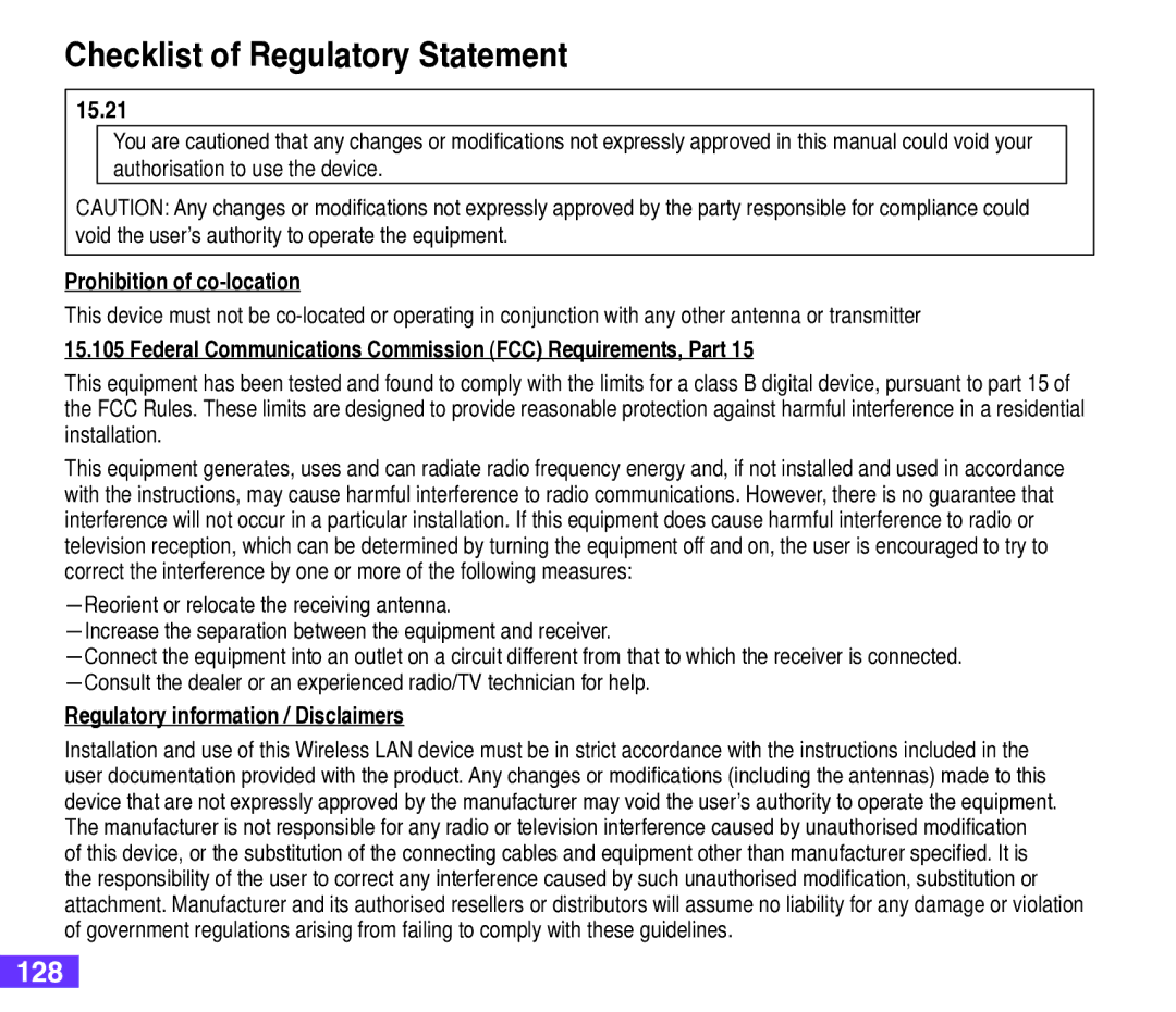 Asus M530w user manual 128, 15.21, Prohibition of co-location, Federal Communications Commission FCC Requirements, Part 