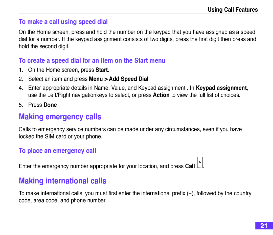 Asus M530w Making emergency calls, Making international calls, To make a call using speed dial, To place an emergency call 