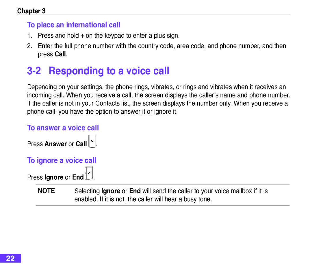 Asus M530w Responding to a voice call, To place an international call, To answer a voice call, To ignore a voice call 