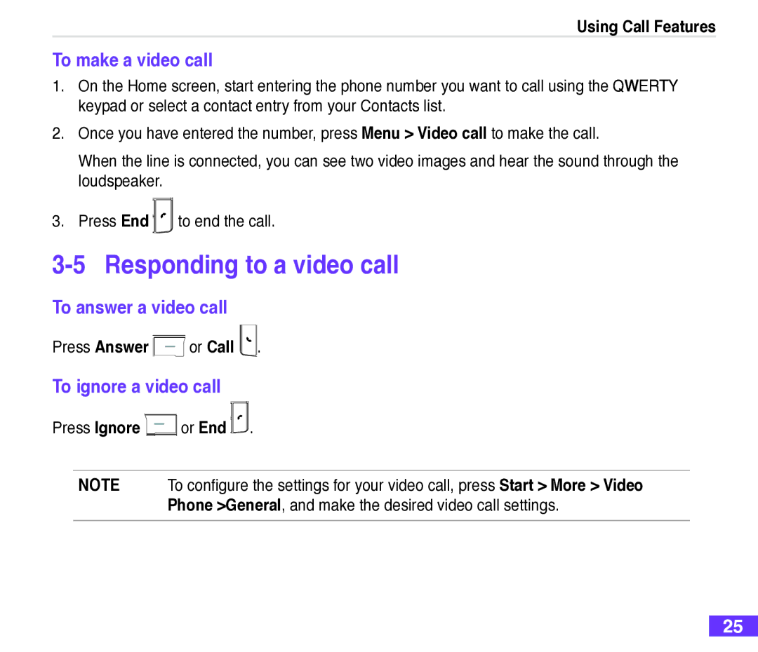 Asus M530w user manual Responding to a video call, To make a video call, To answer a video call, To ignore a video call 