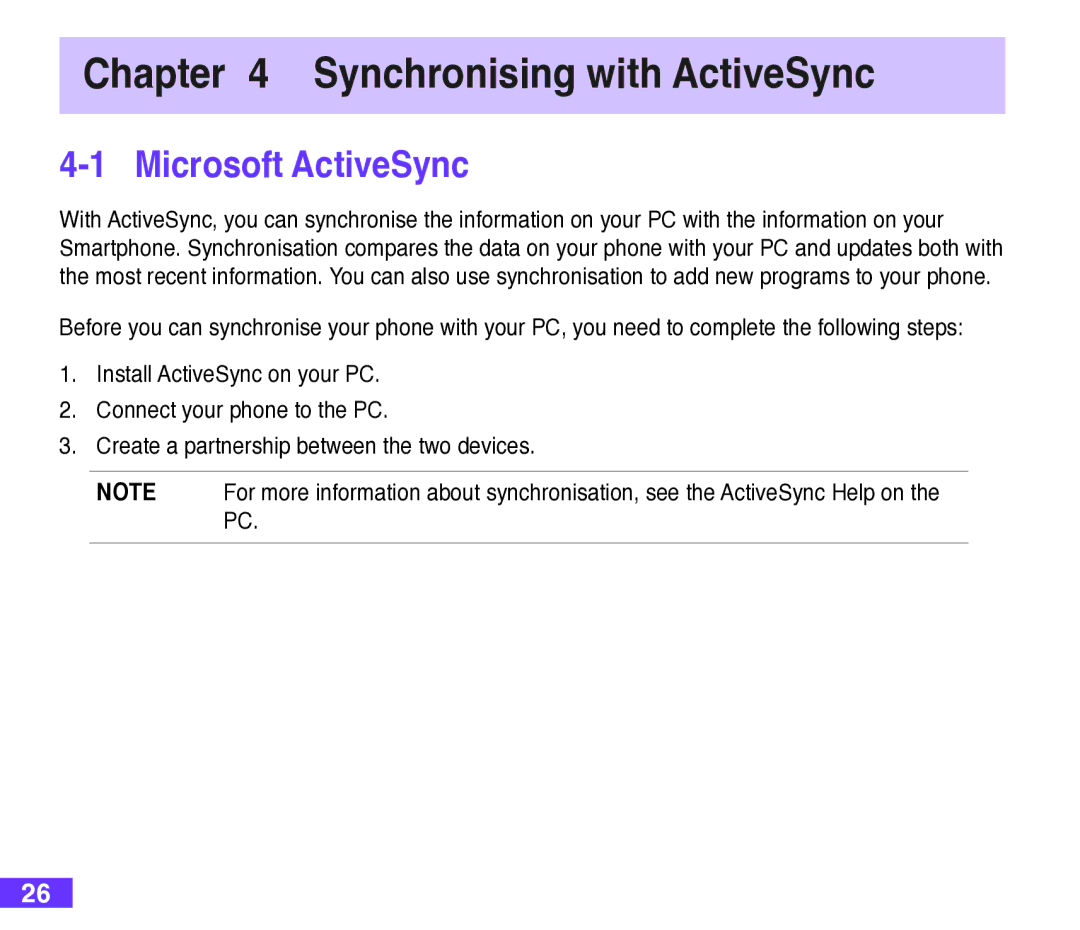 Asus M530w user manual Synchronising with ActiveSync, Microsoft ActiveSync 