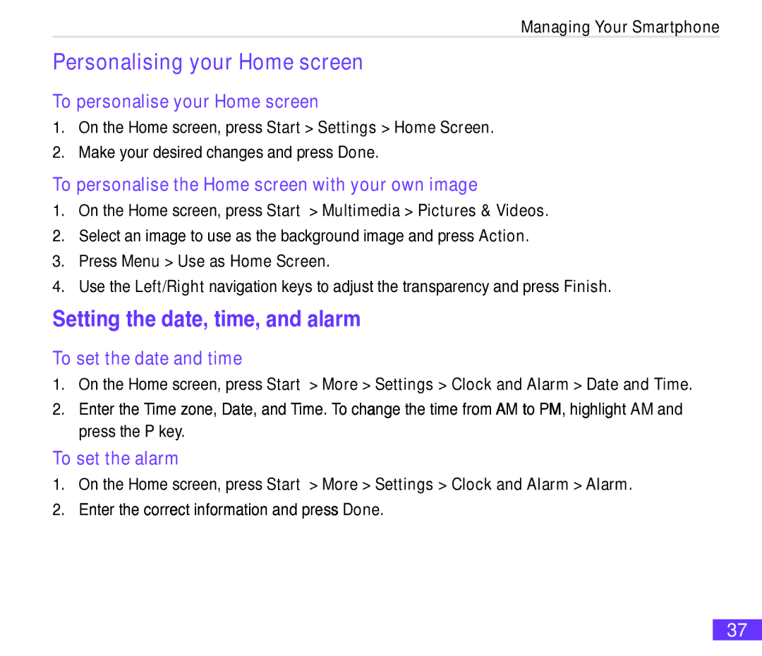 Asus M530w user manual Personalising your Home screen, Setting the date, time, and alarm 