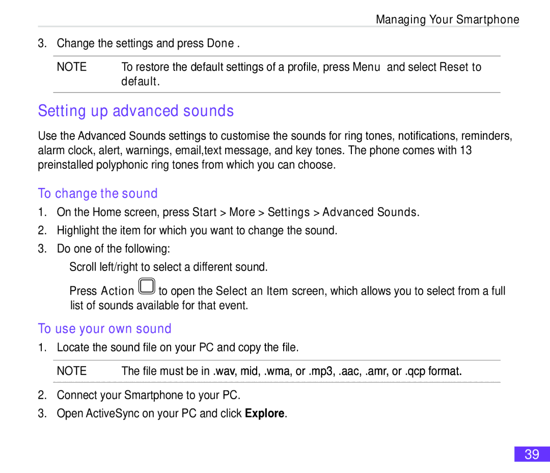 Asus M530w user manual Setting up advanced sounds, To change the sound, To use your own sound 