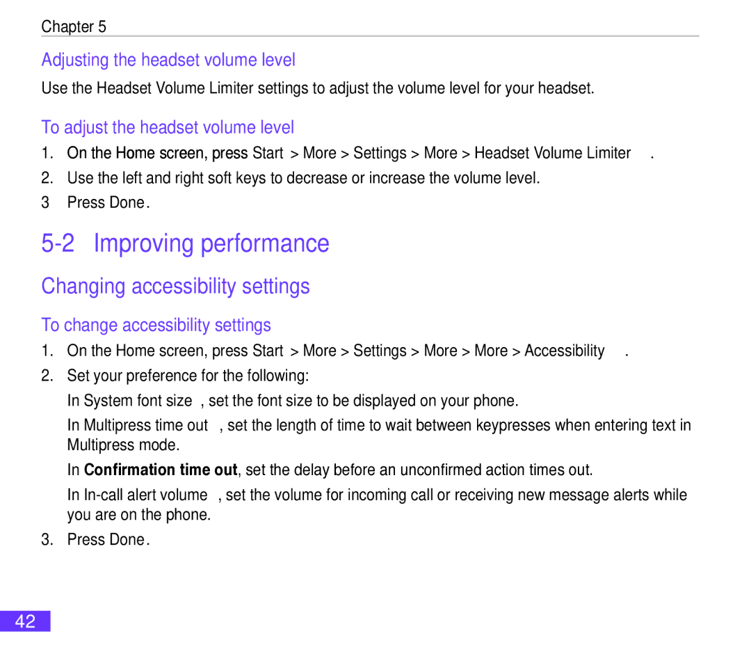 Asus M530w user manual Improving performance, Changing accessibility settings, Adjusting the headset volume level 