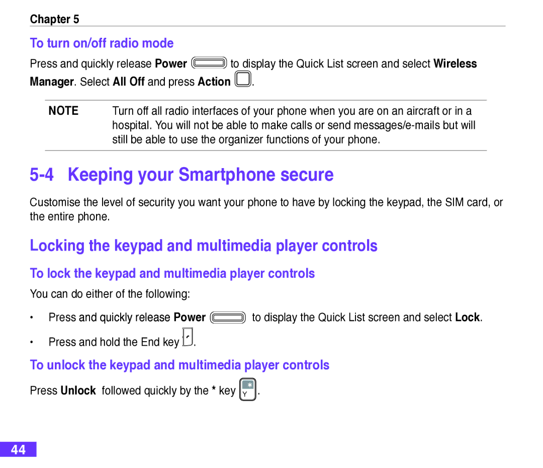 Asus M530w Keeping your Smartphone secure, Locking the keypad and multimedia player controls, To turn on/off radio mode 