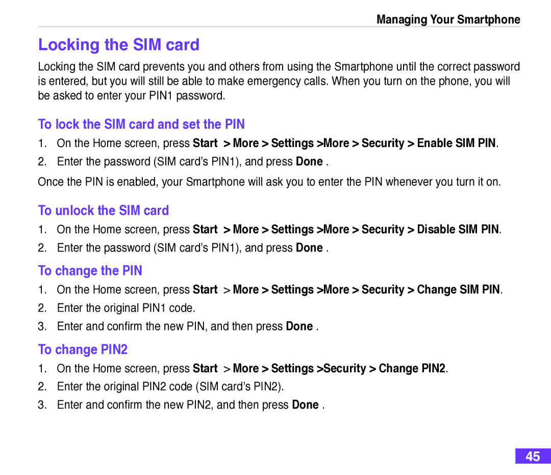 Asus M530w Locking the SIM card, To lock the SIM card and set the PIN, To unlock the SIM card, To change the PIN 