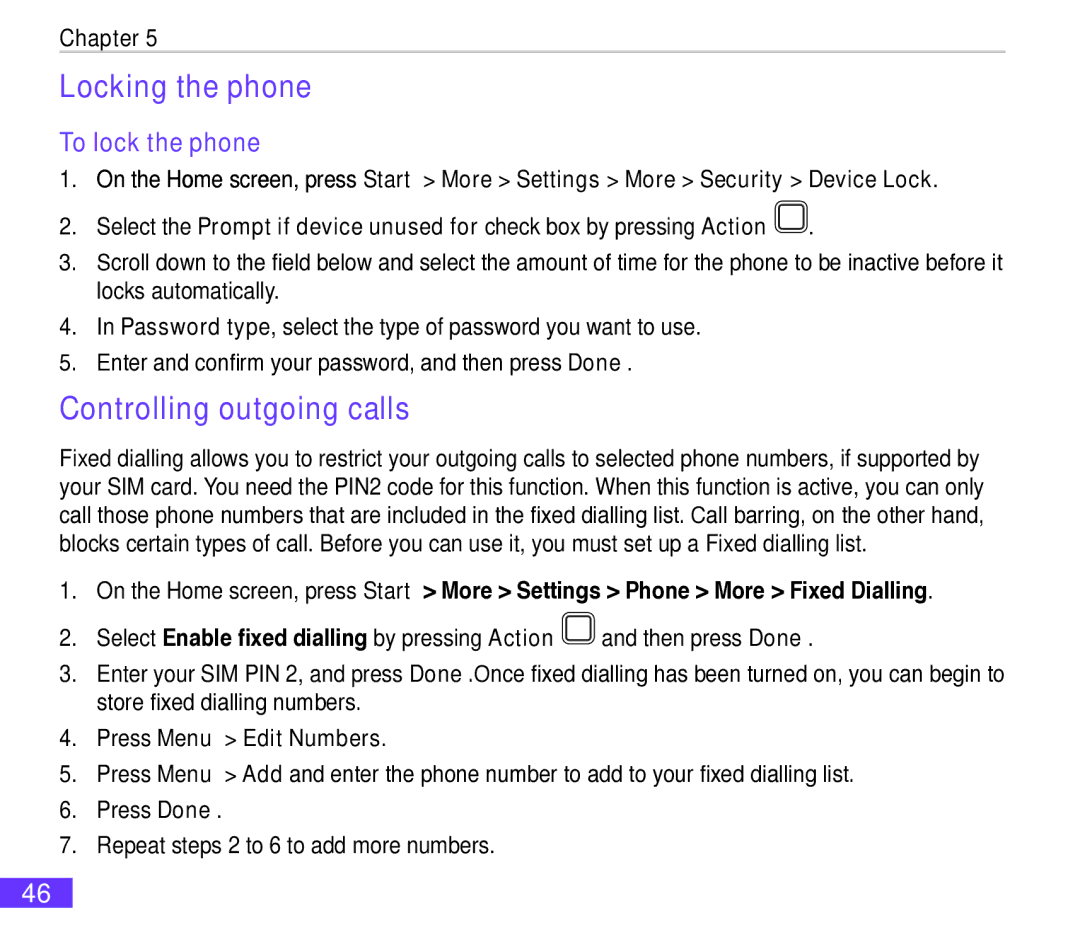 Asus M530w user manual Locking the phone, Controlling outgoing calls, To lock the phone, Press Menu Edit Numbers 