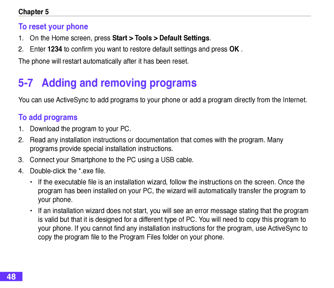 Asus M530w user manual Adding and removing programs, To reset your phone, To add programs 