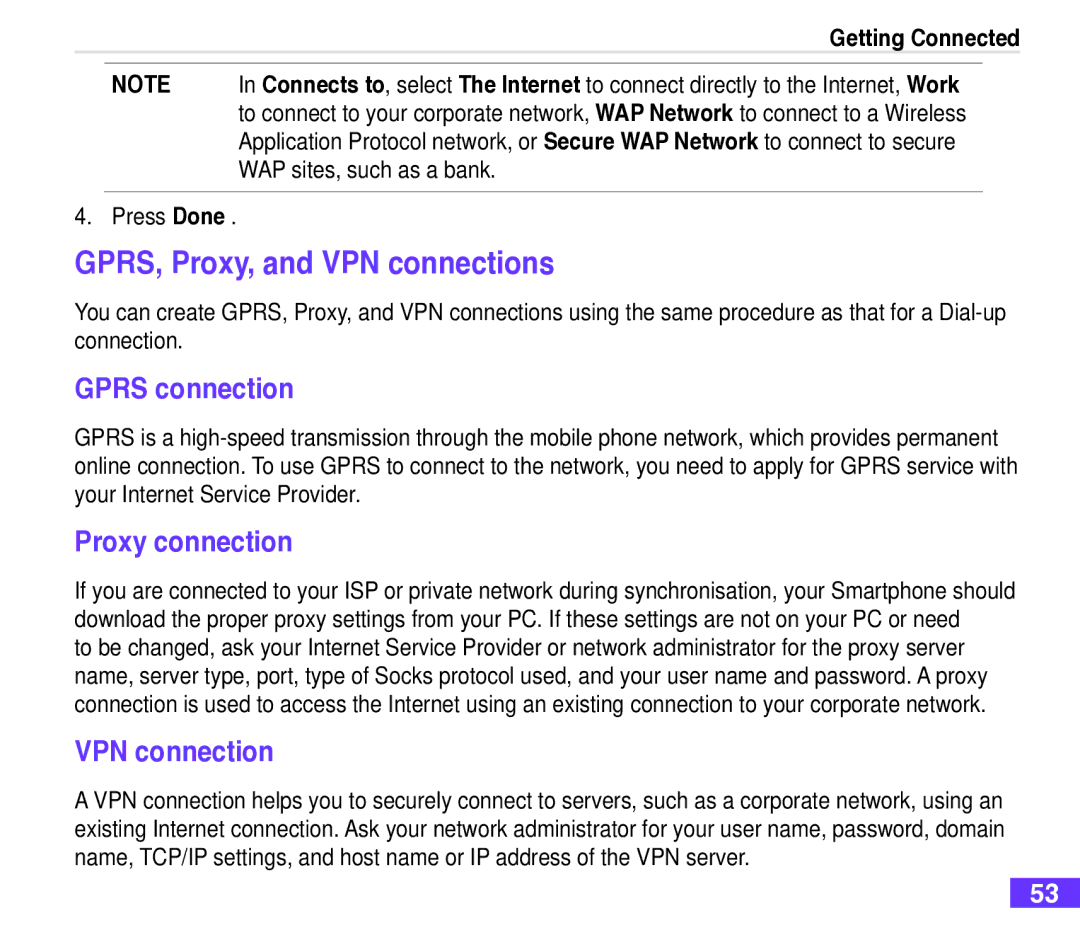 Asus M530w user manual GPRS, Proxy, and VPN connections, Gprs connection, Proxy connection 