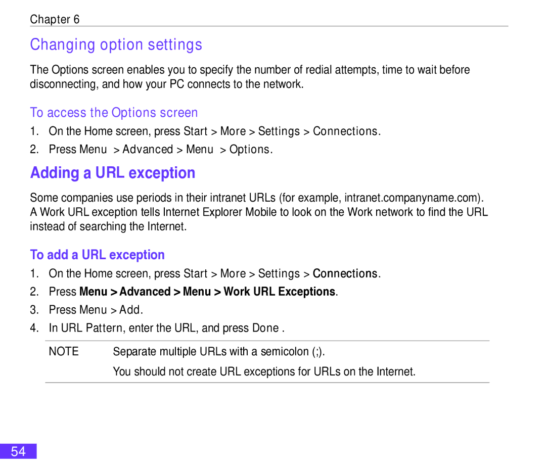 Asus M530w Changing option settings, Adding a URL exception, To access the Options screen, To add a URL exception 