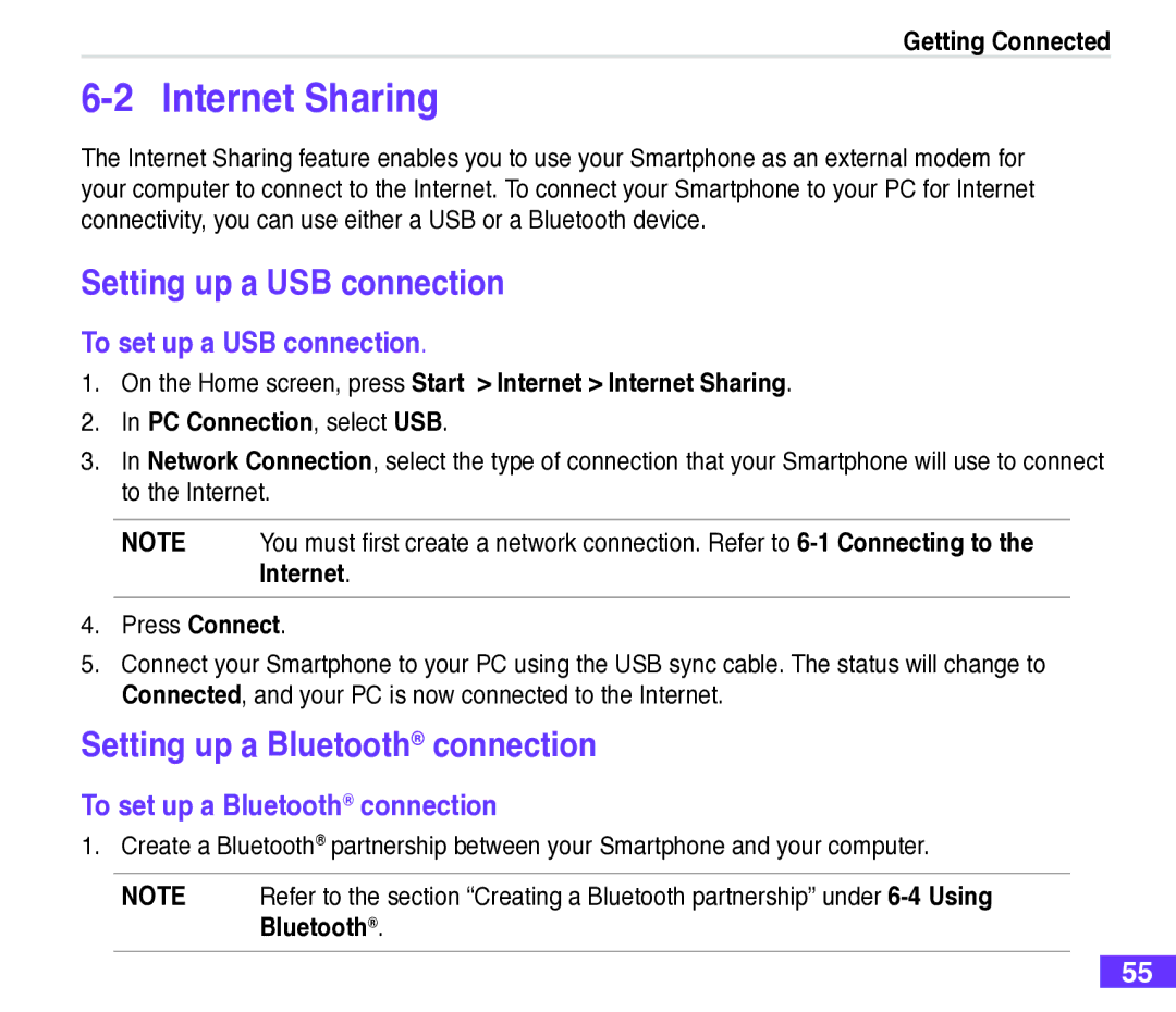 Asus M530w Internet Sharing, Setting up a USB connection, Setting up a Bluetooth connection, To set up a USB connection 