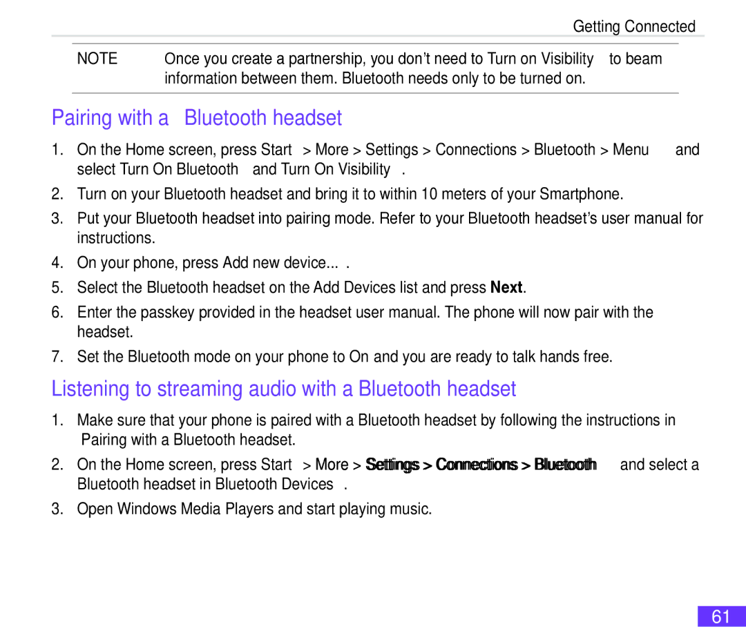 Asus M530w user manual Pairing with a Bluetooth headset, Listening to streaming audio with a Bluetooth headset 