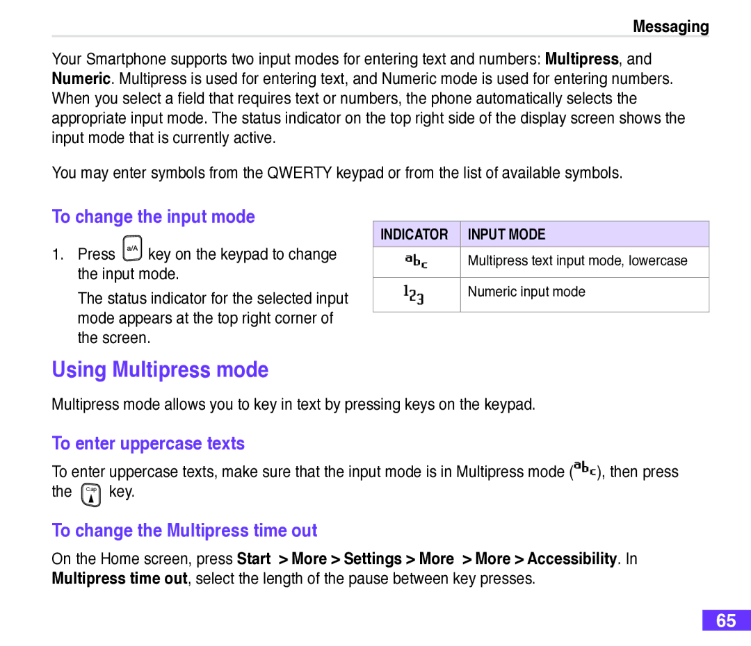 Asus M530w Using Multipress mode, To change the input mode, To enter uppercase texts, To change the Multipress time out 