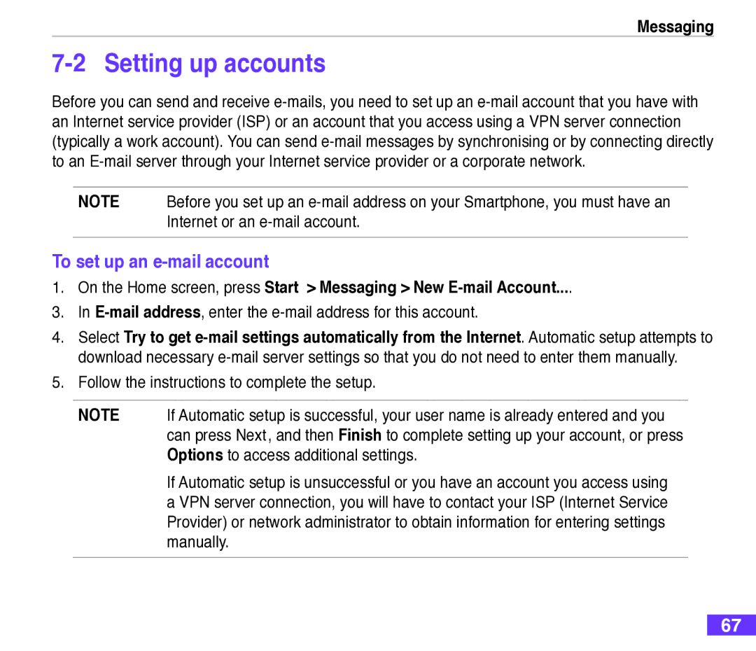 Asus M530w user manual Setting up accounts, To set up an e-mail account 