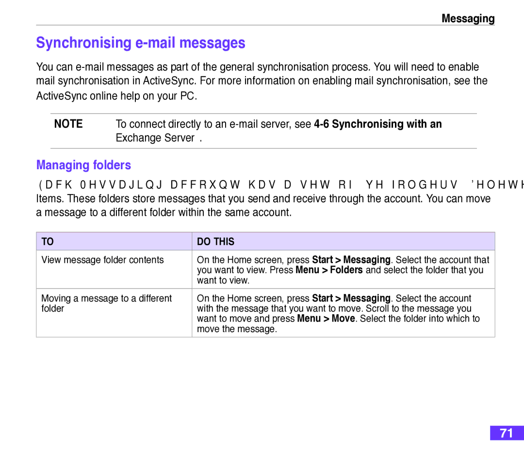 Asus M530w user manual Synchronising e-mail messages, Managing folders 