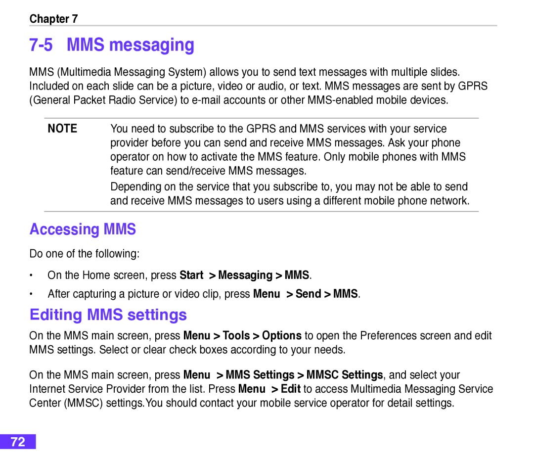 Asus M530w user manual MMS messaging, Accessing MMS, Editing MMS settings 