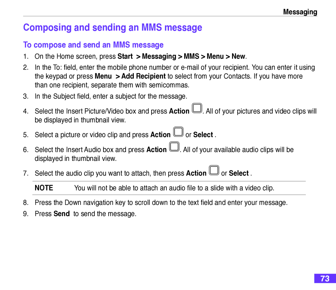 Asus M530w user manual Composing and sending an MMS message, To compose and send an MMS message 