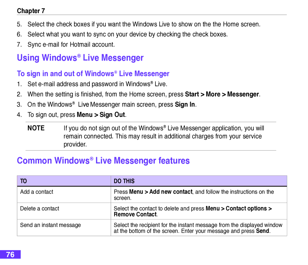 Asus M530w user manual Using Windows Live Messenger, Common Windows Live Messenger features, Remove Contact 