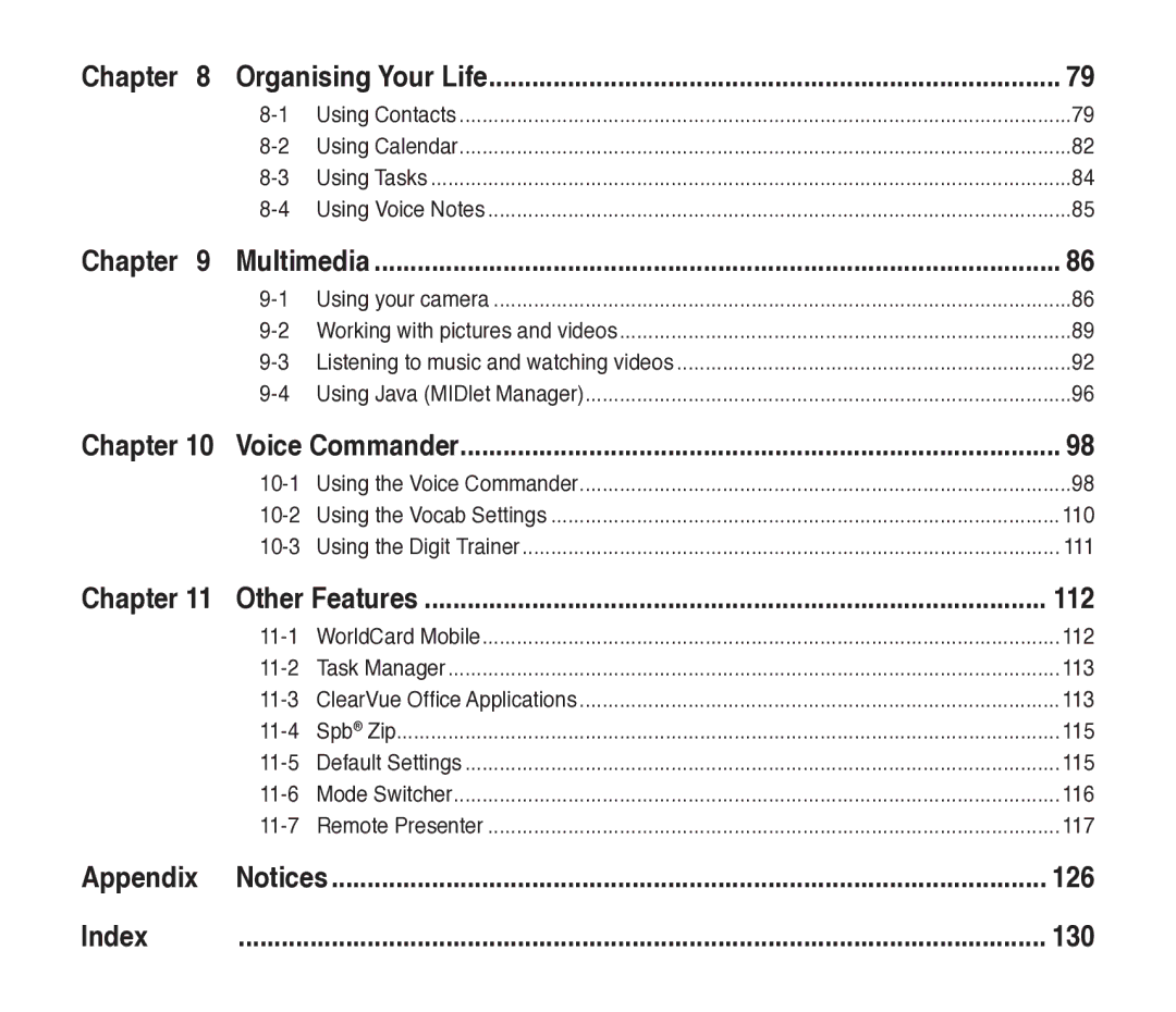 Asus M530w user manual Organising Your Life, Multimedia, Voice Commander, Other Features, Appendix Notices, Index 