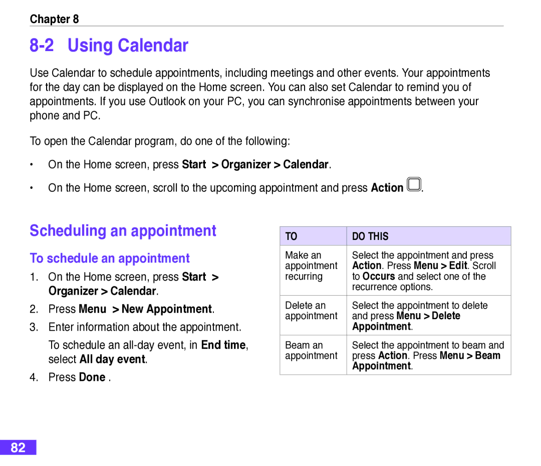 Asus M530w user manual Using Calendar, Scheduling an appointment, To schedule an appointment, Press Menu New Appointment 