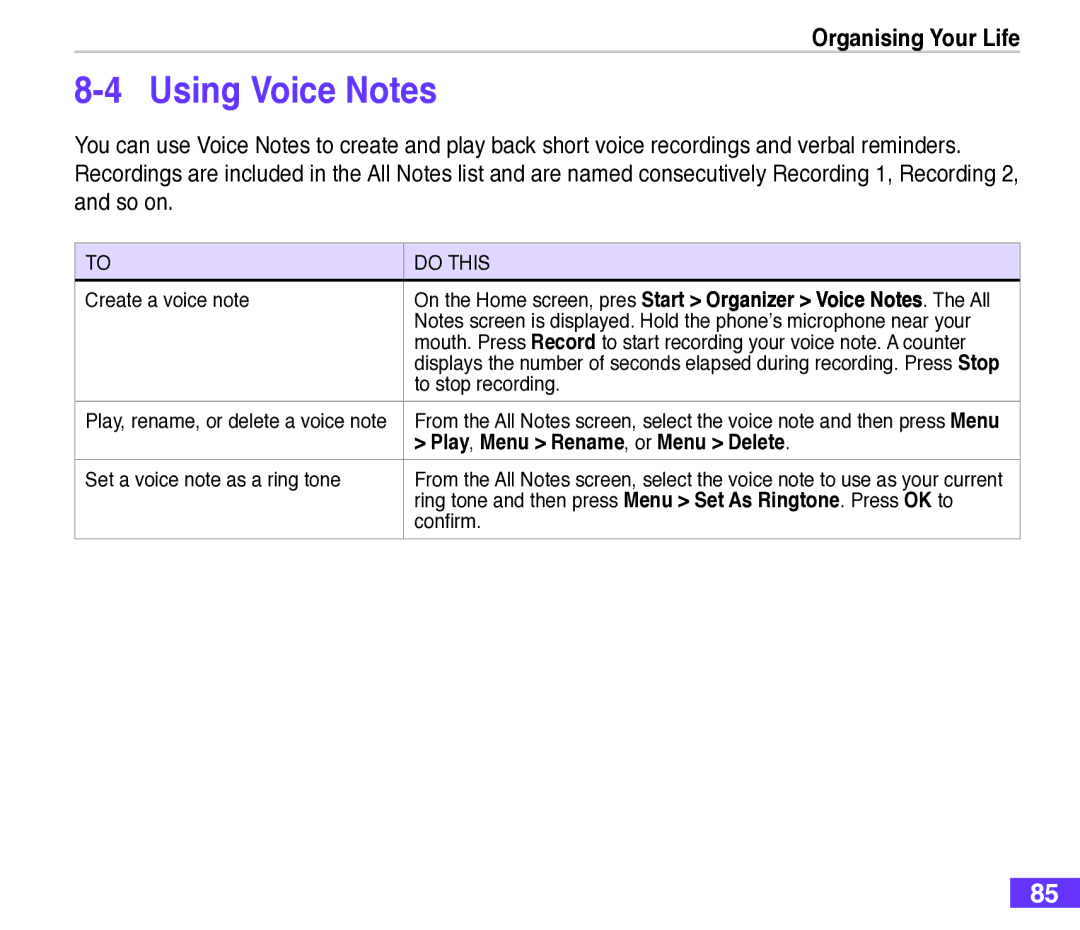 Asus M530w user manual Using Voice Notes, Play, Menu Rename, or Menu Delete 