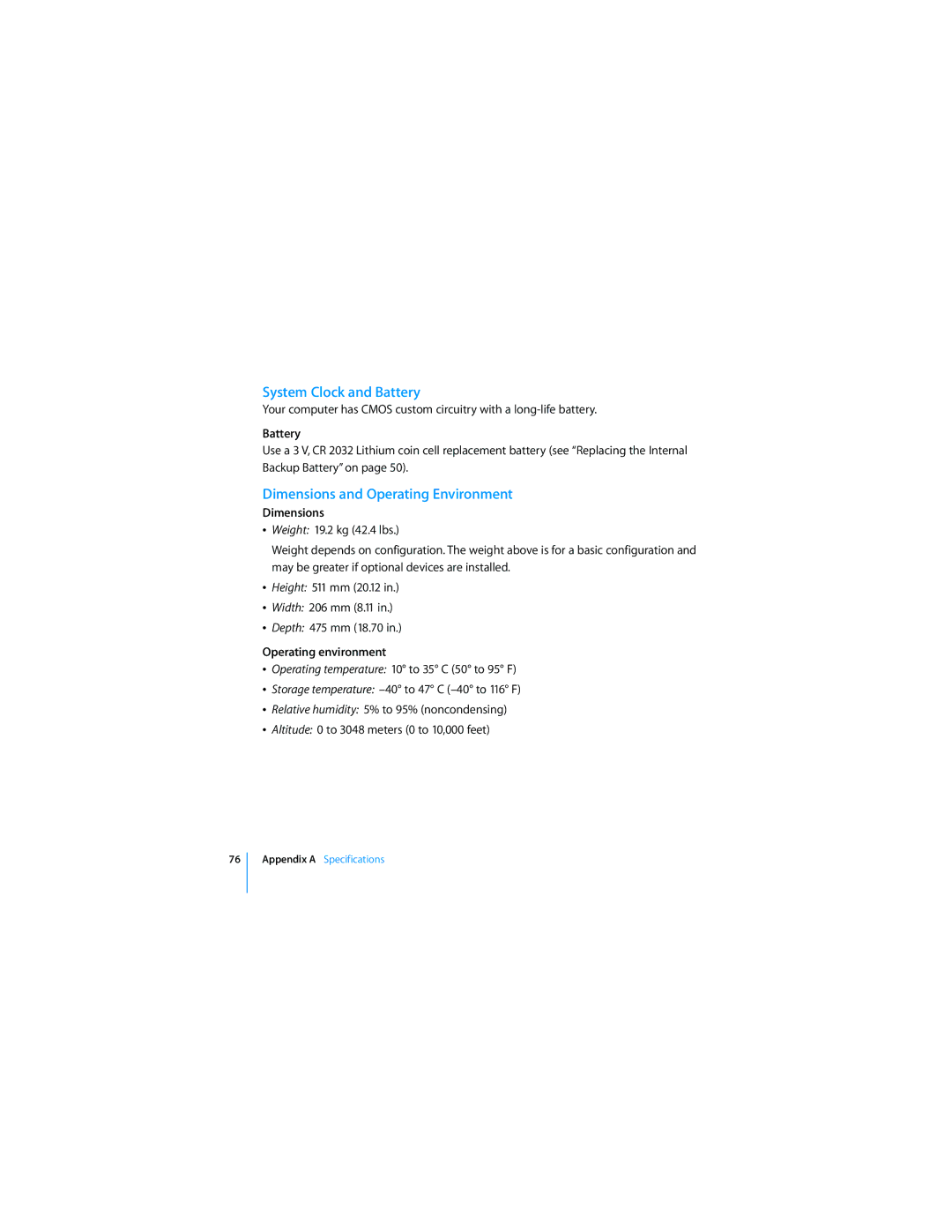 Asus MA356*/A manual System Clock and Battery, Dimensions and Operating Environment, Operating environment 