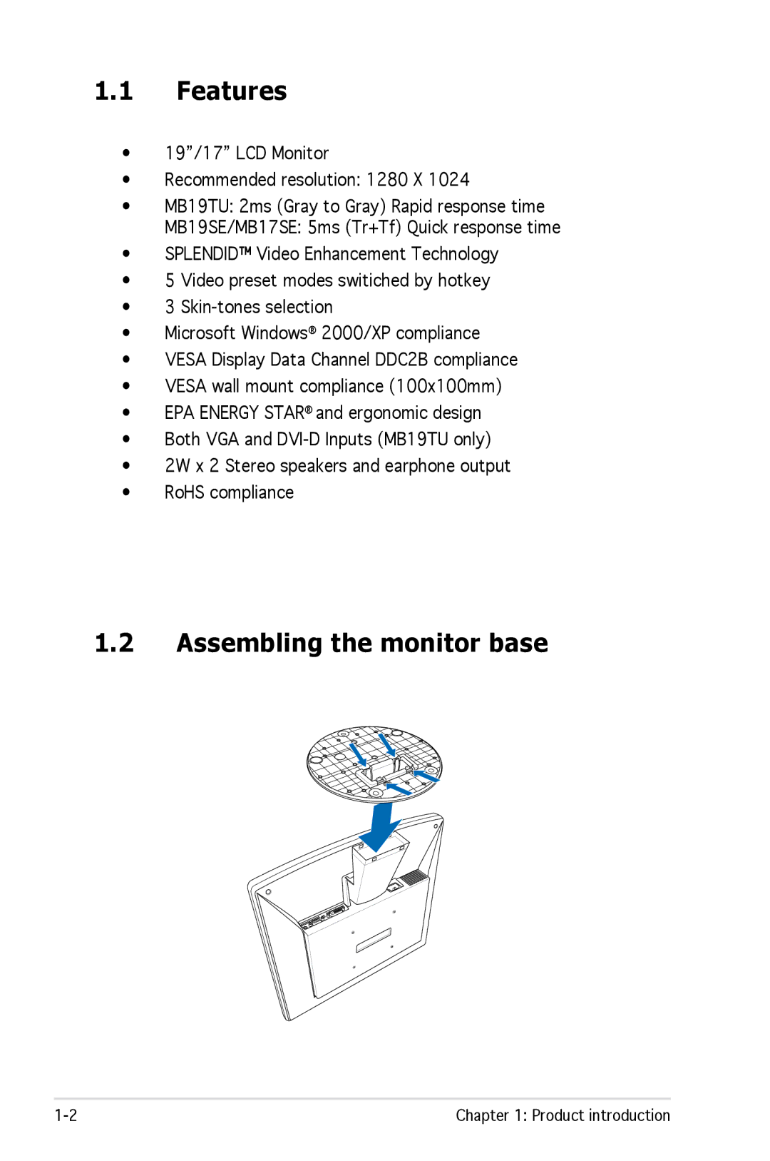 Asus MB17, MB19 manual Features, Assembling the monitor base 