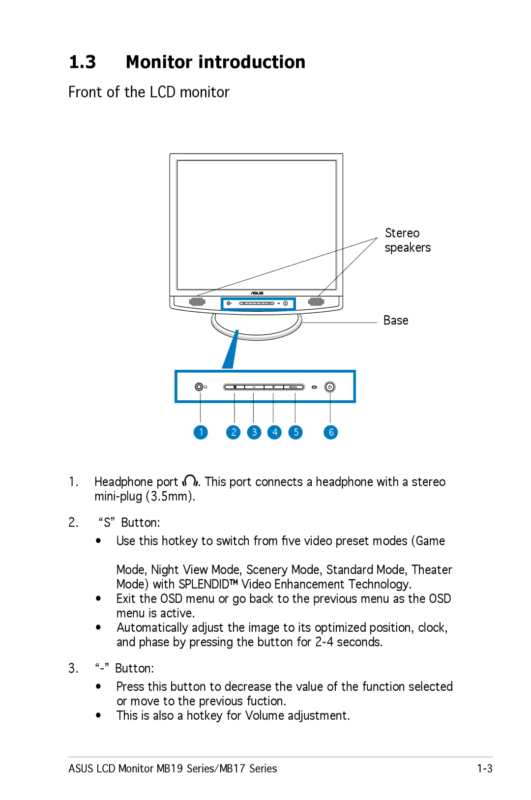 Asus MB19, MB17 manual Monitor introduction, Front of the LCD monitor 