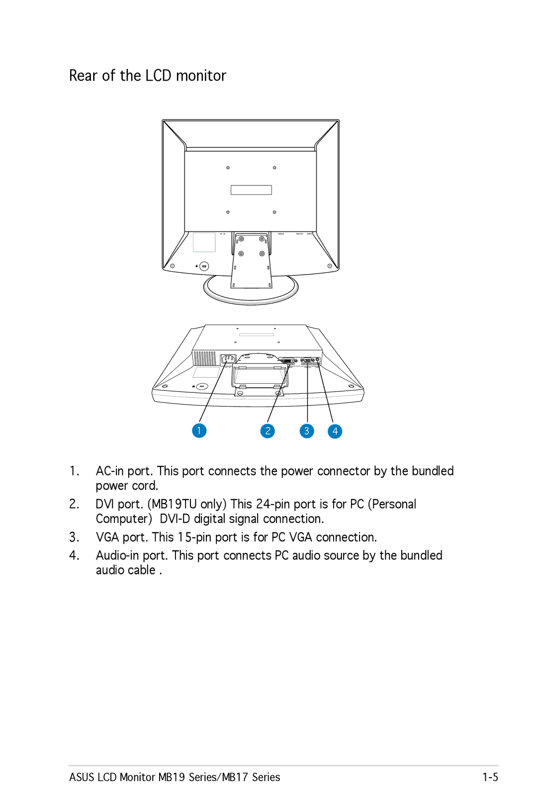 Asus MB19, MB17 manual Rear of the LCD monitor 