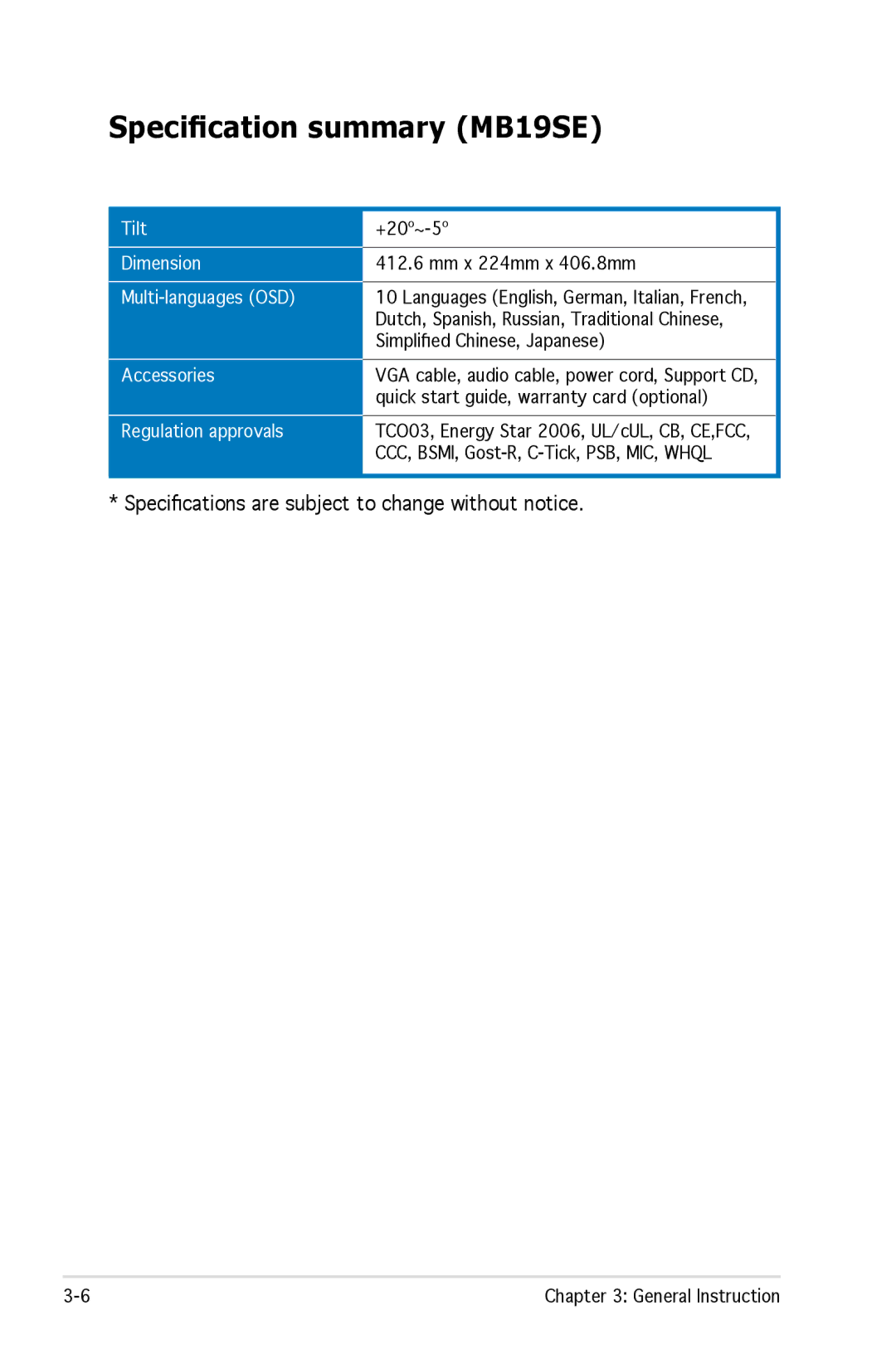 Asus MB17, MB19 manual Specifications are subject to change without notice 