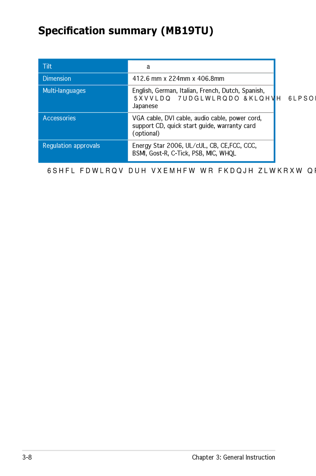 Asus MB17 manual Specification summary MB19TU 