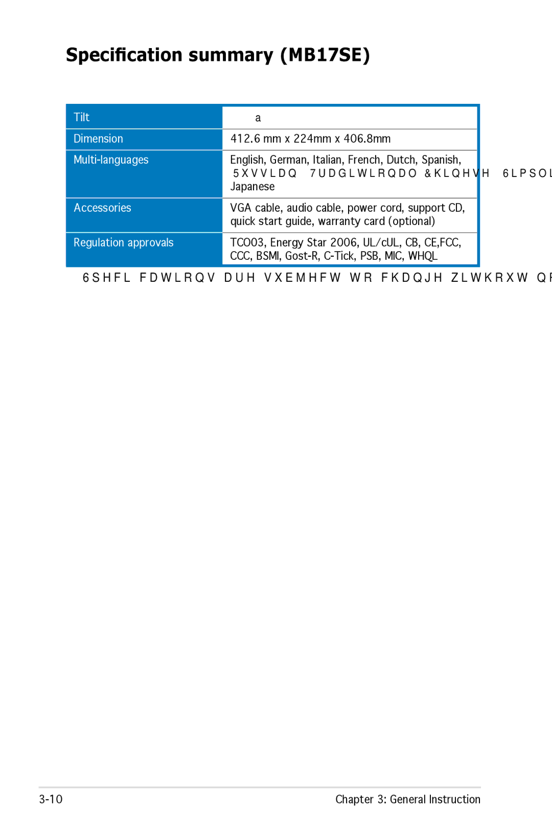 Asus MB19 manual Specification summary MB17SE 