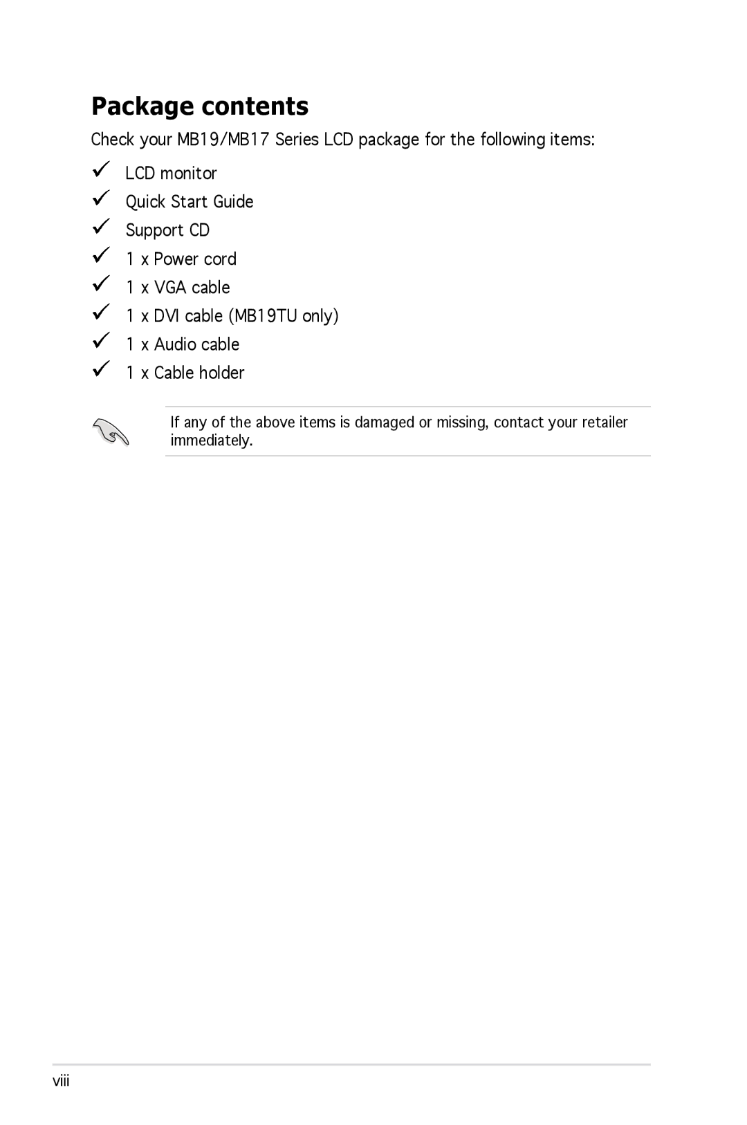 Asus MB17, MB19 manual Package contents 