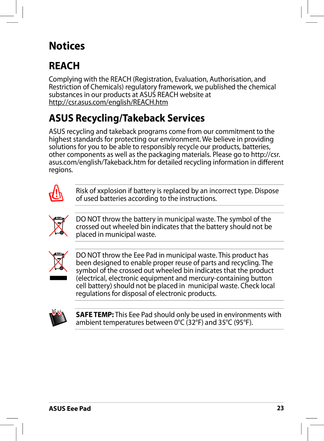 Asus ME171 user manual Reach, Asus Recycling/Takeback Services 