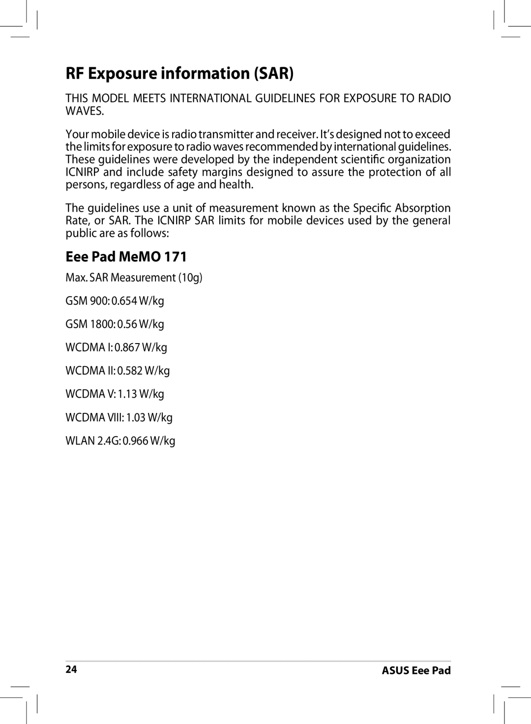 Asus ME171 user manual RF Exposure information SAR, Eee Pad MeMO 