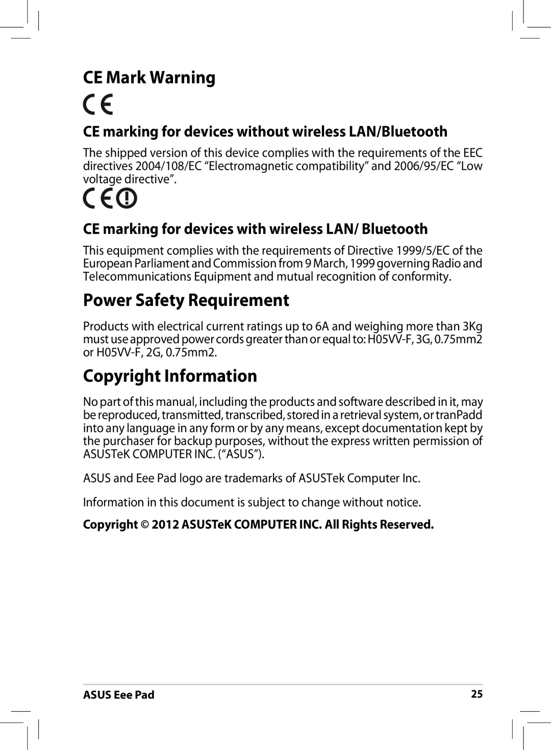 Asus ME171 user manual CE Mark Warning, Power Safety Requirement, Copyright Information 