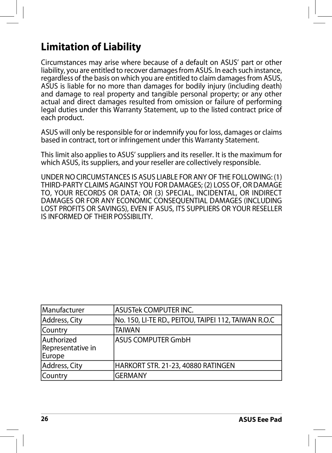 Asus ME171 user manual Limitation of Liability 