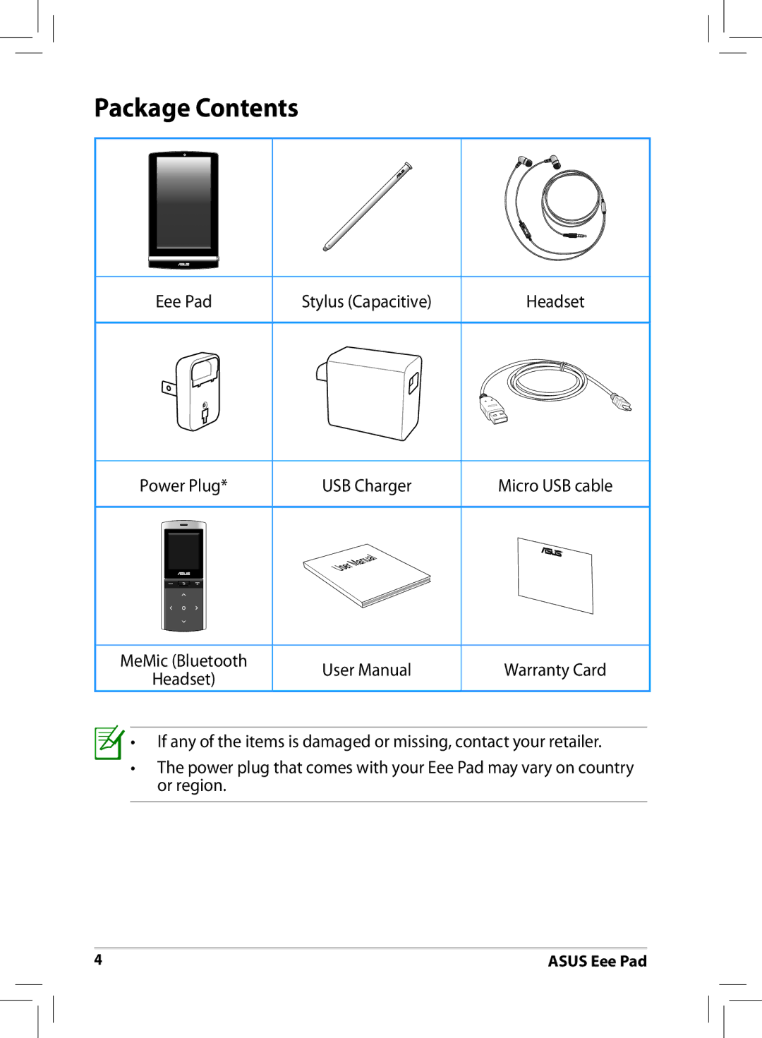 Asus ME171 user manual Package Contents 