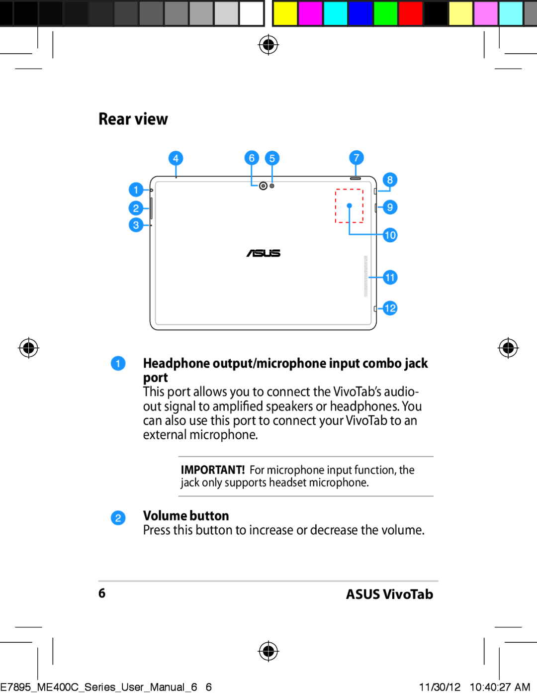 Asus ME400C-C2-BK user manual Rear view, Headphone output/microphone input combo jack port, Volume button 