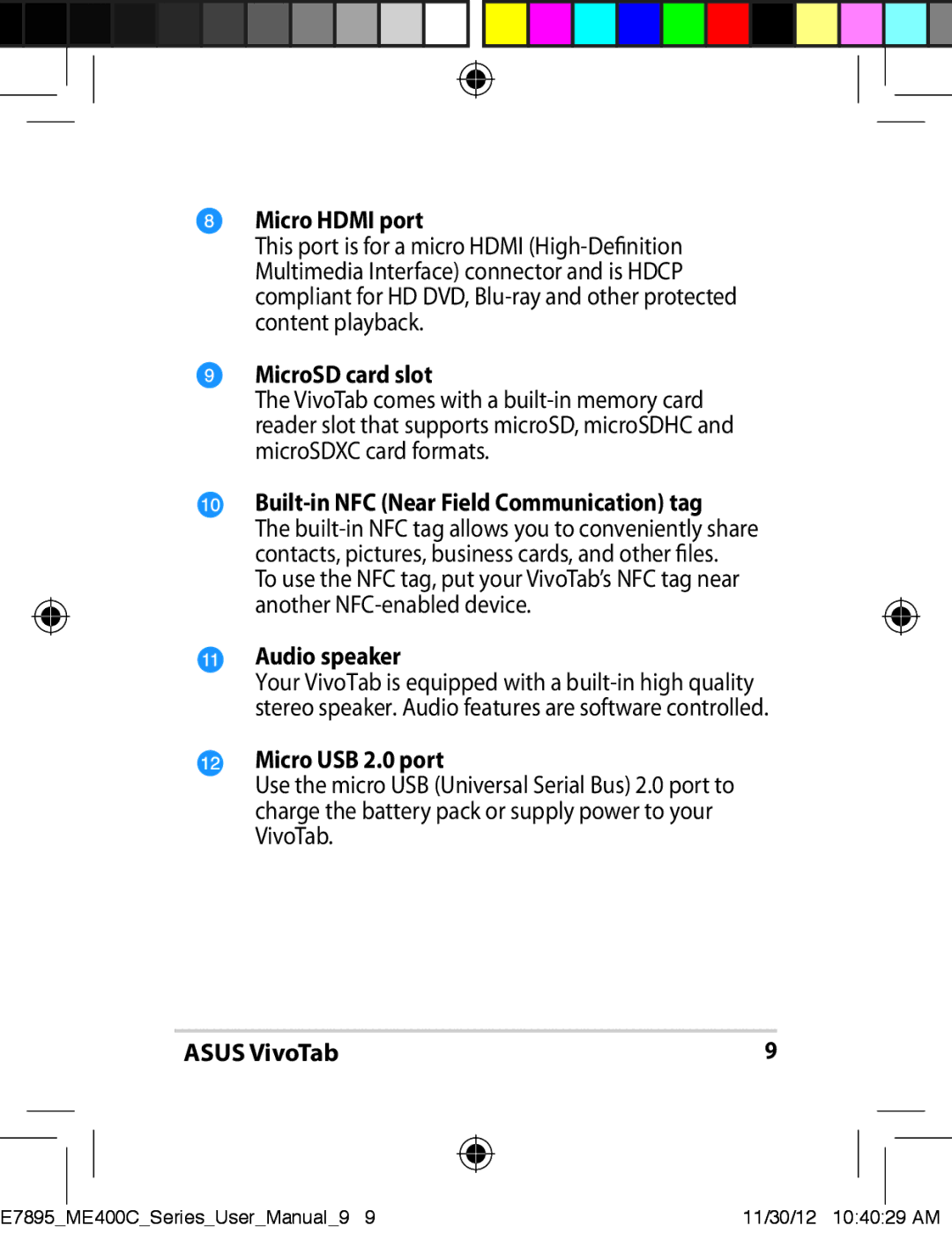 Asus ME400C-C2-BK user manual Micro Hdmi port, MicroSD card slot, Built-in NFC Near Field Communication tag, Audio speaker 