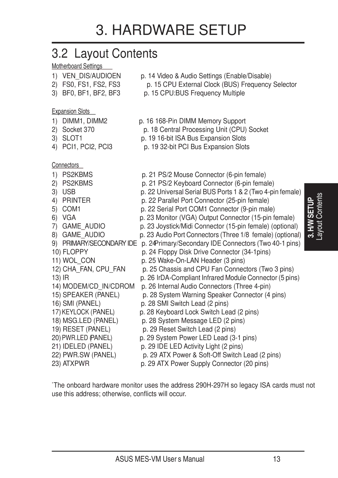 Asus MES-VM user manual Layout Contents 