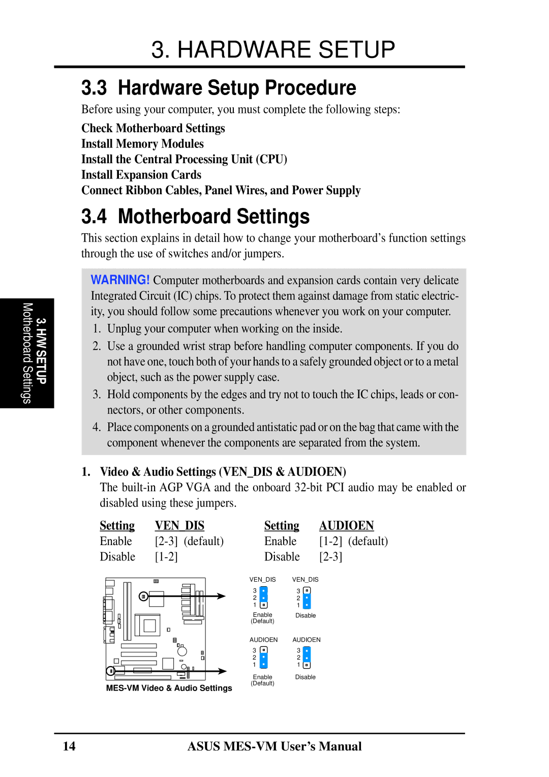 Asus MES-VM Hardware Setup Procedure, Motherboard Settings, Video & Audio Settings Vendis & Audioen, Setting Audioen 