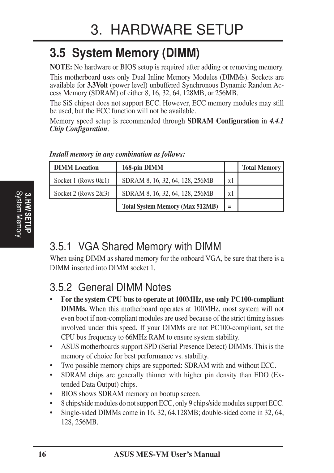 Asus MES-VM user manual System Memory Dimm, VGA Shared Memory with Dimm, General Dimm Notes 