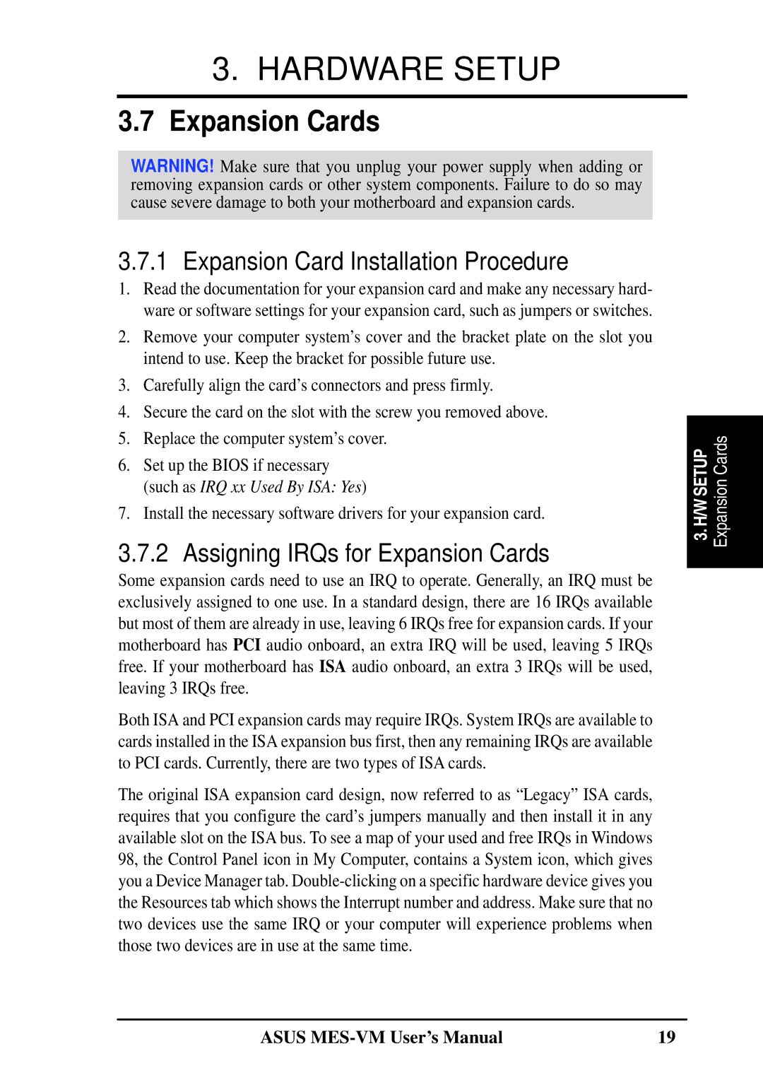 Asus MES-VM user manual Expansion Card Installation Procedure, Assigning IRQs for Expansion Cards 