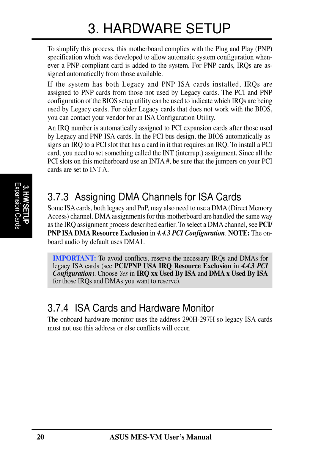 Asus MES-VM user manual Assigning DMA Channels for ISA Cards, ISA Cards and Hardware Monitor 