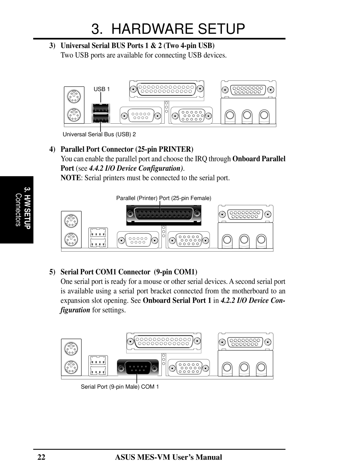 Asus MES-VM user manual Parallel Port Connector 25-pin Printer, Serial Port COM1 Connector 9-pin COM1 